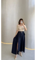 Paraşüt Kumaş Fermuar Yırtmaçlı Kemerli Etek - Lacivert