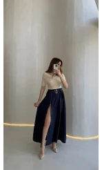 Paraşüt Kumaş Fermuar Yırtmaçlı Kemerli Etek - Lacivert
