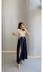 Paraşüt Kumaş Fermuar Yırtmaçlı Kemerli Etek - Lacivert