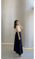 Paraşüt Kumaş Fermuar Yırtmaçlı Kemerli Etek - Lacivert