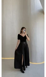 Paraşüt Kumaş Fermuar Yırtmaçlı Kemerli Etek - Siyah