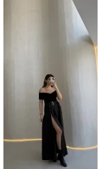 Paraşüt Kumaş Fermuar Yırtmaçlı Kemerli Etek - Siyah