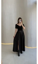 Paraşüt Kumaş Fermuar Yırtmaçlı Kemerli Etek - Siyah