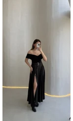 Paraşüt Kumaş Fermuar Yırtmaçlı Kemerli Etek - Siyah