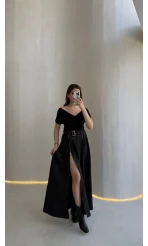 Paraşüt Kumaş Fermuar Yırtmaçlı Kemerli Etek - Siyah