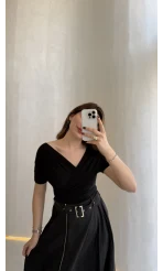 Paraşüt Kumaş Fermuar Yırtmaçlı Kemerli Etek - Siyah