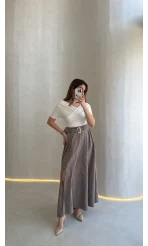 Paraşüt Kumaş Fermuar Yırtmaçlı Kemerli Etek - Vizon