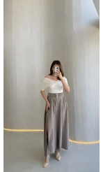 Paraşüt Kumaş Fermuar Yırtmaçlı Kemerli Etek - Vizon