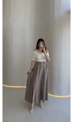 Paraşüt Kumaş Fermuar Yırtmaçlı Kemerli Etek - Vizon