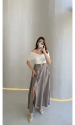 Paraşüt Kumaş Fermuar Yırtmaçlı Kemerli Etek - Vizon