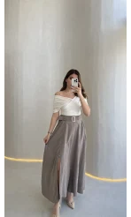 Paraşüt Kumaş Fermuar Yırtmaçlı Kemerli Etek - Vizon