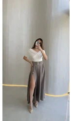 Paraşüt Kumaş Fermuar Yırtmaçlı Kemerli Etek - Vizon