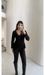 Blossom Asimetrik Kesim Düğmeli Dantel Bluz - Siyah - Kod: 39259