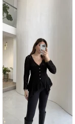 Blossom Asimetrik Kesim Düğmeli Dantel Bluz - Siyah - Kod: 39259