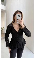 Blossom Asimetrik Kesim Düğmeli Dantel Bluz - Siyah - Kod: 39259