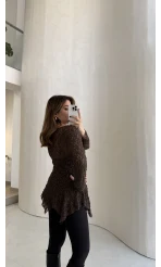 Blossom Asimetrik Kesim Düğmeli Dantel Bluz - Kahverengi - Kod: 39259