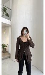 Blossom Asimetrik Kesim Düğmeli Dantel Bluz - Kahverengi - Kod: 39259