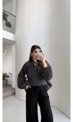 Destiny Yaka Detay Puantiyeli Bluz - Siyah - Kod: 39301