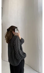 Destiny Yaka Detay Puantiyeli Bluz - Siyah - Kod: 39301