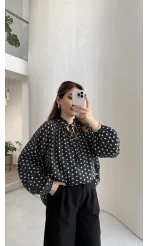 Destiny Yaka Detay Puantiyeli Bluz - Siyah - Kod: 39301