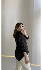 Desenli V Yaka İnce Gömlek - Siyah - Kod: 0985