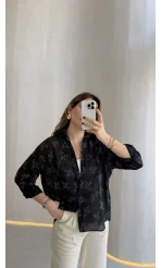 Desenli V Yaka İnce Gömlek - Siyah - Kod: 0985