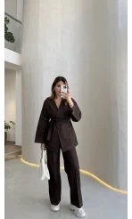 Freedom Denim Kuşaklı Pantolon Takım - Kahverengi - Kod: 583