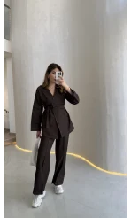 Freedom Denim Kuşaklı Pantolon Takım - Kahverengi - Kod: 583