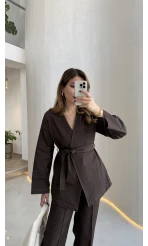 Freedom Denim Kuşaklı Pantolon Takım - Kahverengi - Kod: 583