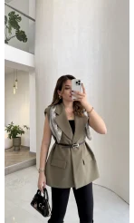 Sapphire Fular Detaylı Vatkalı Kemerli Yelek - Haki - Kod: 7708