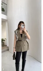 Sapphire Fular Detaylı Vatkalı Kemerli Yelek - Haki - Kod: 7708