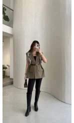 Sapphire Fular Detaylı Vatkalı Kemerli Yelek - Haki - Kod: 7708