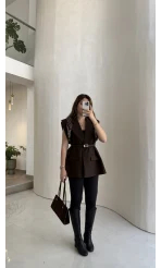 Sapphire Fular Detaylı Vatkalı Kemerli Yelek - Kahve - Kod: 7708