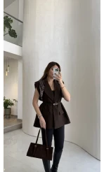 Sapphire Fular Detaylı Vatkalı Kemerli Yelek - Kahve - Kod: 7708