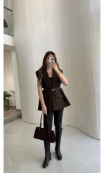 Sapphire Fular Detaylı Vatkalı Kemerli Yelek - Kahve - Kod: 7708