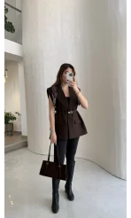 Sapphire Fular Detaylı Vatkalı Kemerli Yelek - Kahve - Kod: 7708