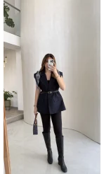 Sapphire Fular Detaylı Vatkalı Kemerli Yelek - Lacivert - Kod: 7708