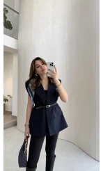 Sapphire Fular Detaylı Vatkalı Kemerli Yelek - Lacivert - Kod: 7708