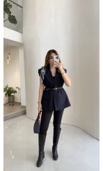 Sapphire Fular Detaylı Vatkalı Kemerli Yelek - Lacivert - Kod: 7708