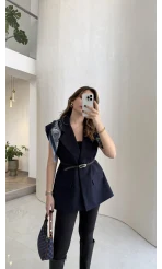 Sapphire Fular Detaylı Vatkalı Kemerli Yelek - Lacivert - Kod: 7708