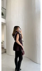 Sapphire Fular Detaylı Vatkalı Kemerli Yelek - Mürdüm - Kod: 7708