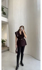 Sapphire Fular Detaylı Vatkalı Kemerli Yelek - Mürdüm - Kod: 7708