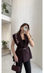 Sapphire Fular Detaylı Vatkalı Kemerli Yelek - Mürdüm - Kod: 7708