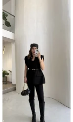 Sapphire Fular Detaylı Vatkalı Kemerli Yelek - Siyah - Kod: 7708