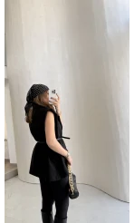 Sapphire Fular Detaylı Vatkalı Kemerli Yelek - Siyah - Kod: 7708