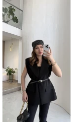 Sapphire Fular Detaylı Vatkalı Kemerli Yelek - Siyah - Kod: 7708