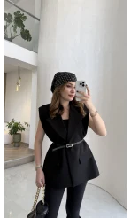 Sapphire Fular Detaylı Vatkalı Kemerli Yelek - Siyah - Kod: 7708