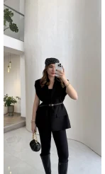 Sapphire Fular Detaylı Vatkalı Kemerli Yelek - Siyah - Kod: 7708