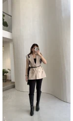 Sapphire Fular Detaylı Vatkalı Kemerli Yelek - Taş - Kod: 7708