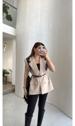 Sapphire Fular Detaylı Vatkalı Kemerli Yelek - Taş - Kod: 7708